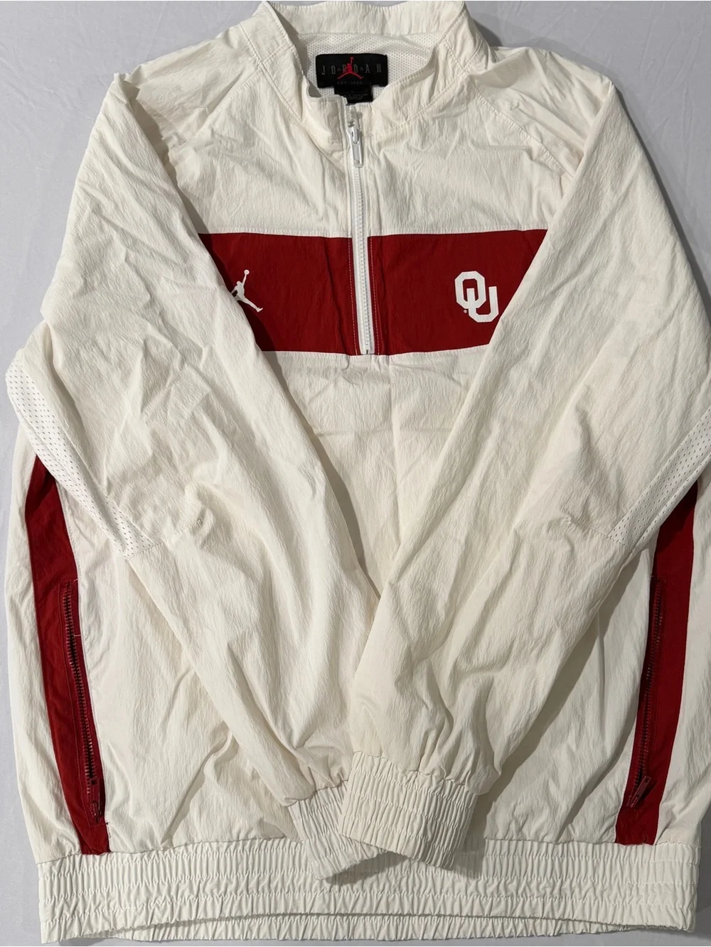 Jordan White and Crimson Half-Zip Windbreaker with OU Logo